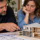 Homeowner and architect study a compact house model to reduce the footprint while keeping its room layout practical.