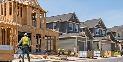 Builders frame houses in a new residential neighborhood, showing home construction activity in a growing community.