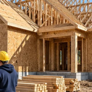 Residential construction site with builders reviewing plans at a timber-framed single-family home shell.
