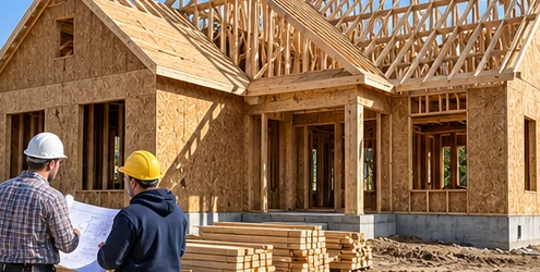 Residential construction site with builders reviewing plans at a timber-framed single-family home shell.
