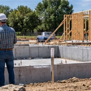 Builder and inspector review a new home foundation while framing is ready for the next step in residential construction.