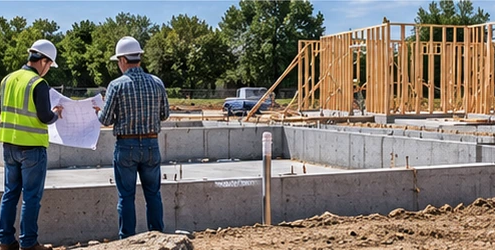 Builder and inspector review a new home foundation while framing is ready for the next step in residential construction.