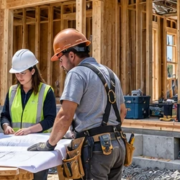 Site manager and crew review residential building plans beside a timber-framed home with the foundation and exterior work underway.