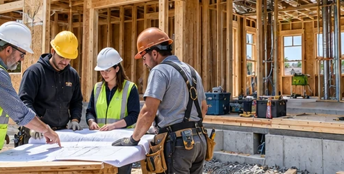 Site manager and crew review residential building plans beside a timber-framed home with the foundation and exterior work underway.