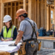 Site manager and crew review residential building plans beside a timber-framed home with the foundation and exterior work underway.