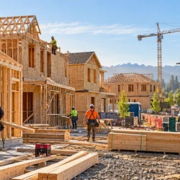 Workers frame new homes in a growing US residential construction development.