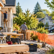Residential construction crew works in morning daylight behind safety barriers beside neighboring homes.