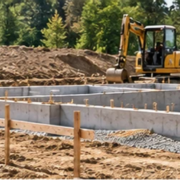 Site engineer surveys graded soil and fill around a staked residential foundation area before construction.