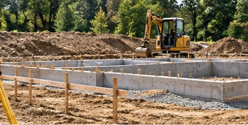 Site engineer surveys graded soil and fill around a staked residential foundation area before construction.