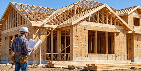 Builder checks the wood framing of a detached residential house under construction in a suburban setting.