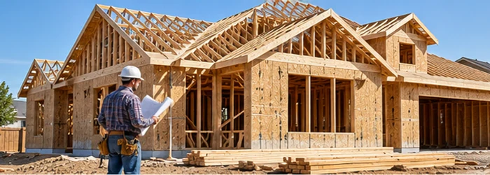 Builder checks the wood framing of a detached residential house under construction in a suburban setting.