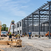 Wood-framed house construction beside a steel industrial warehouse shows the different scale and materials of the two sectors.