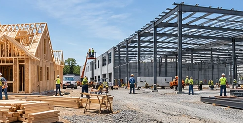 Wood-framed house construction beside a steel industrial warehouse shows the different scale and materials of the two sectors.