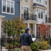 Attached three-story townhomes with individual entrances, front porches, and private gardens, showing a residential building type.