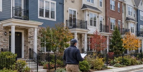 Attached three-story townhomes with individual entrances, front porches, and private gardens, showing a residential building type.