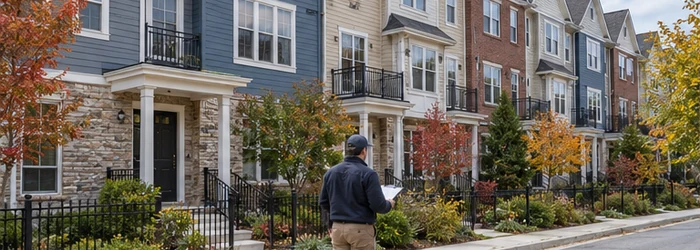 Attached three-story townhomes with individual entrances, front porches, and private gardens, showing a residential building type.
