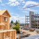 Residential home framing and commercial steel-frame sites side by side, each with a skilled construction worker.
