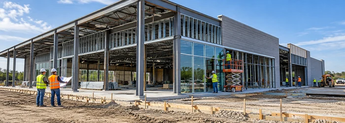 Construction team installs a glass storefront on the steel frame of a retail building.