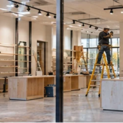 Crew installs storefront glazing and shop shelving inside an unfinished retail space, showing the work involved in retail construction.