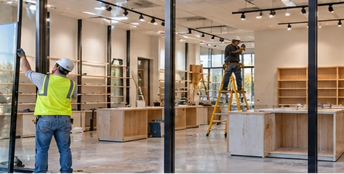 Crew installs storefront glazing and shop shelving inside an unfinished retail space, showing the work involved in retail construction.
