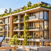 Architect reviews plans beside a sustainable mid-rise building with a green roof, shaded balconies, and timber facade.