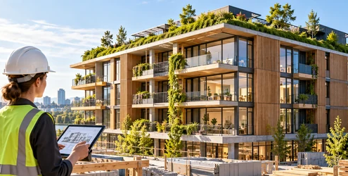 Architect reviews plans beside a sustainable mid-rise building with a green roof, shaded balconies, and timber facade.