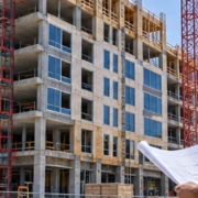 Typical mid-rise office and apartment building under construction with an engineer reviewing structural drawings on site.