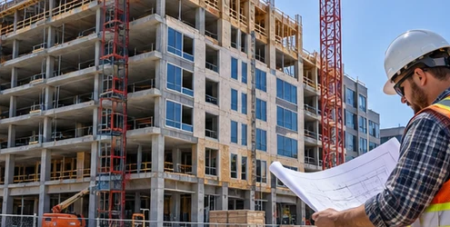 Typical mid-rise office and apartment building under construction with an engineer reviewing structural drawings on site.