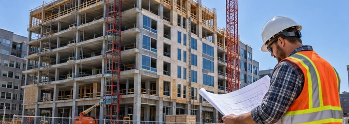 Typical mid-rise office and apartment building under construction with an engineer reviewing structural drawings on site.