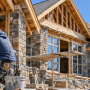 Mason fits natural stone pieces onto a house exterior as the stone walls rise beneath the timber roof framing.