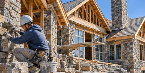 Mason fits natural stone pieces onto a house exterior as the stone walls rise beneath the timber roof framing.
