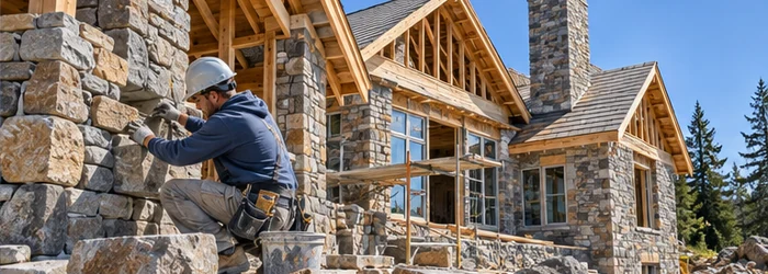 Mason fits natural stone pieces onto a house exterior as the stone walls rise beneath the timber roof framing.