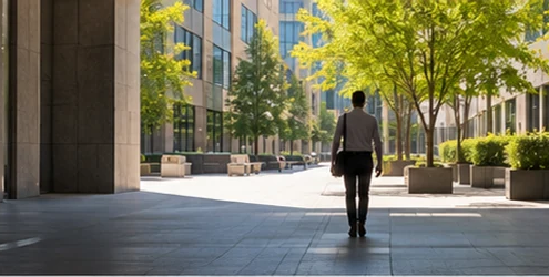 Person walks from a bright urban courtyard into a shaded arcade between modern buildings, illustrating the phrase through light and shadow.