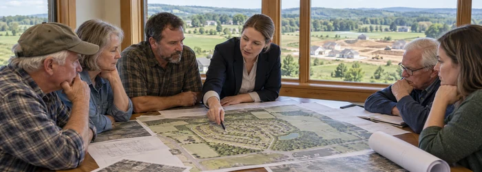 Residents and a planning professional review a residential development plan beside rural homes and farmland.