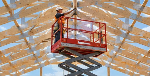 Worker on a raised scissor lift beneath vaulted timber scissor trusses in an unfinished building, illustrating two common construction uses of the term.