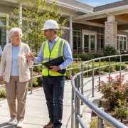 Accessible senior housing residence with a broad ramp, handrails, level courtyard paths, and an older couple reviewing the entrance with a construction professional.
