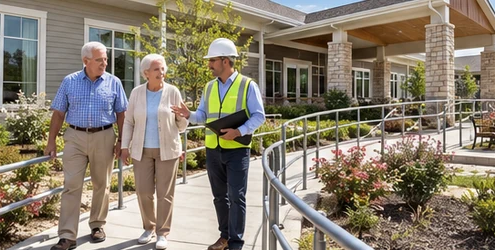 Accessible senior housing residence with a broad ramp, handrails, level courtyard paths, and an older couple reviewing the entrance with a construction professional.