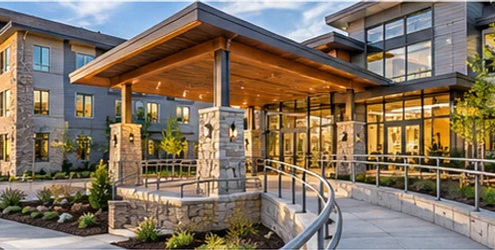 Modern senior living residence with an accessible ramp, handrails, broad windows, and a landscaped courtyard.