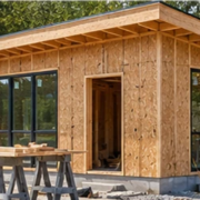 Builder reviews a compact shed-style dwelling and its materials on site while planning construction costs.