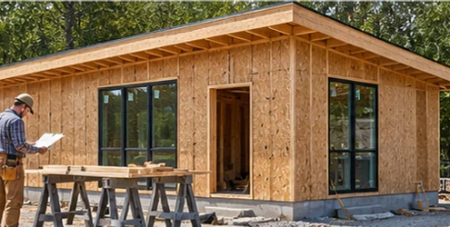 Builder reviews a compact shed-style dwelling and its materials on site while planning construction costs.
