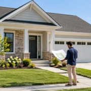 Detached single-family home stands on its own lot as a homeowner reviews the site plan.