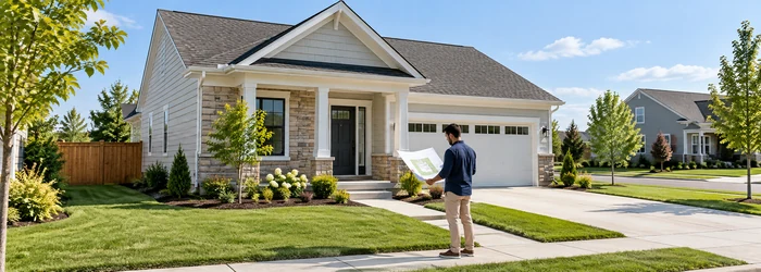 Detached single-family home stands on its own lot as a homeowner reviews the site plan.
