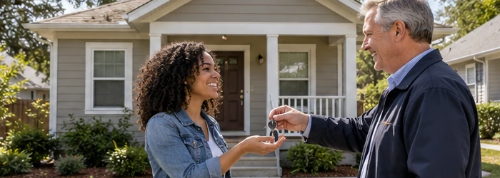 Tenant receives the keys to a detached single-family home, illustrating the rental market for stand-alone houses.