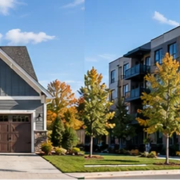 Detached single-family home beside a mid-rise apartment building, showing two common residential housing types.