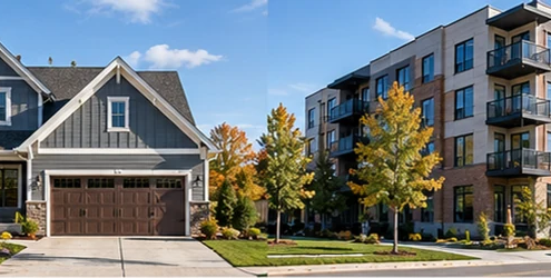 Detached single-family home beside a mid-rise apartment building, showing two common residential housing types.