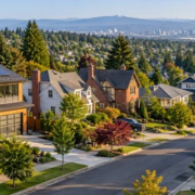 Broad American residential neighborhood with a range of detached single-family homes, showing the scale and variety of the housing stock.