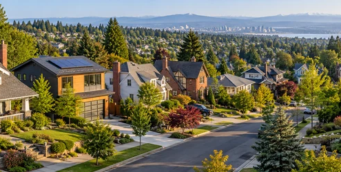 Broad American residential neighborhood with a range of detached single-family homes, showing the scale and variety of the housing stock.