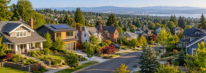 Broad American residential neighborhood with a range of detached single-family homes, showing the scale and variety of the housing stock.