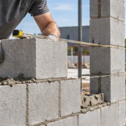 Mason lays one layer of concrete block, with the exposed wall edge showing the single-skin construction.