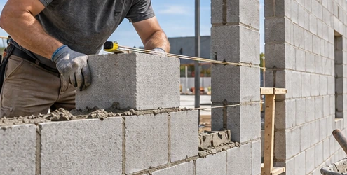 Mason lays one layer of concrete block, with the exposed wall edge showing the single-skin construction.
